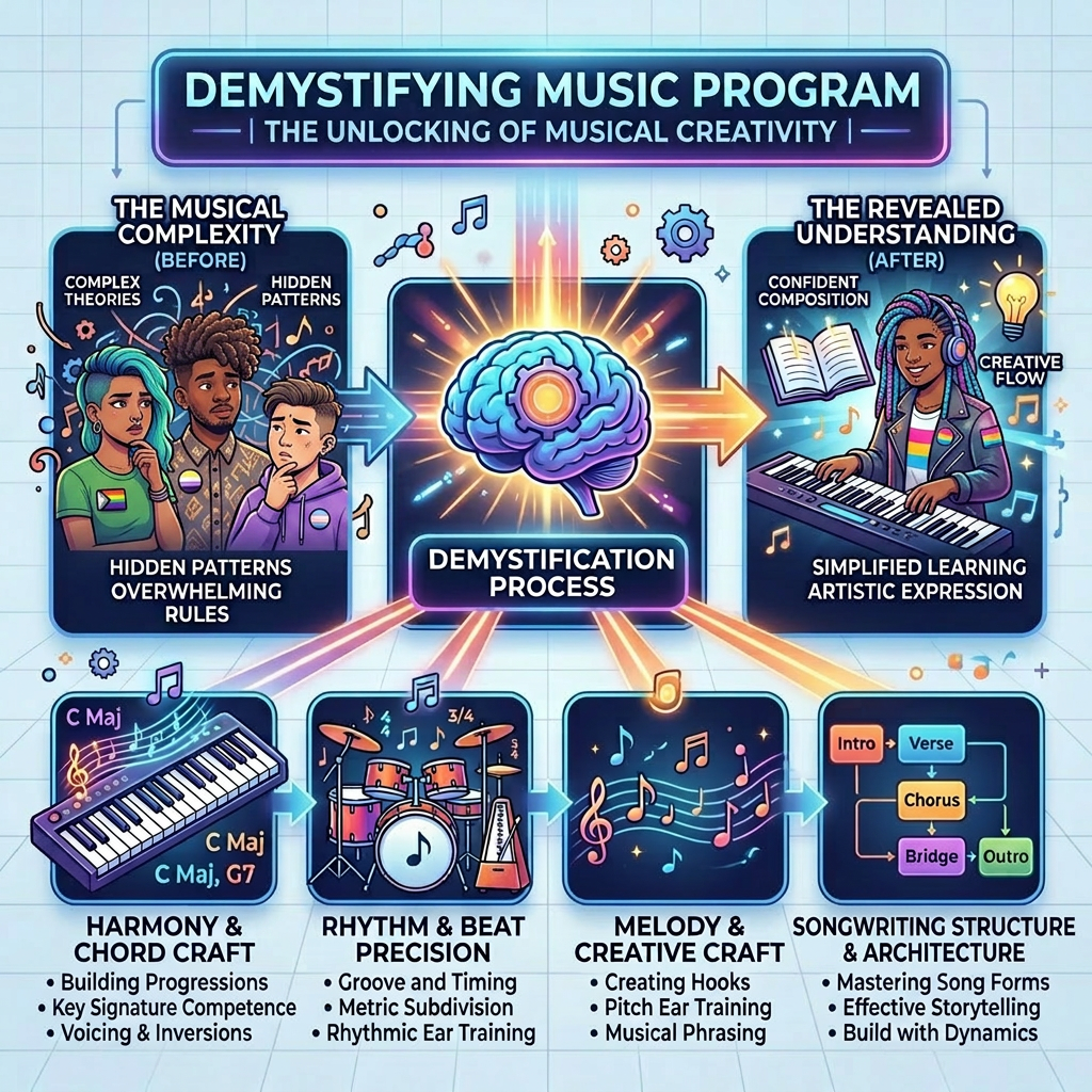 Infographic showing the process of unlocking musical creativity from complexity to understanding